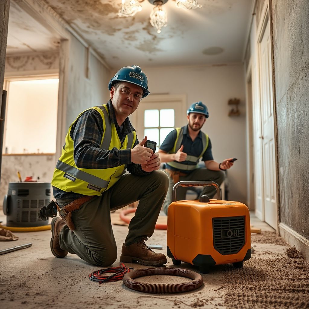 A close-up of a certified mold technician in PPE using specialized equipment to test air quality in a Helotes home.