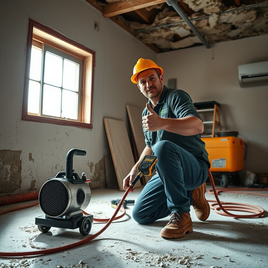 Certified mold remediation technician using an infrared camera to detect moisture in a wall of a Schertz home.