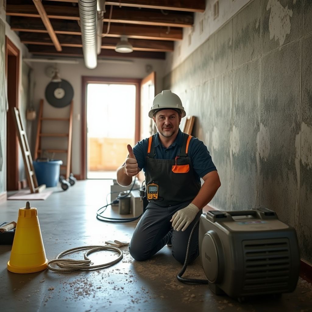 A New Braunfels homeowner shaking hands with a Total Peak Mold Removal technician in a clean, restored living room after successful mold remediation.