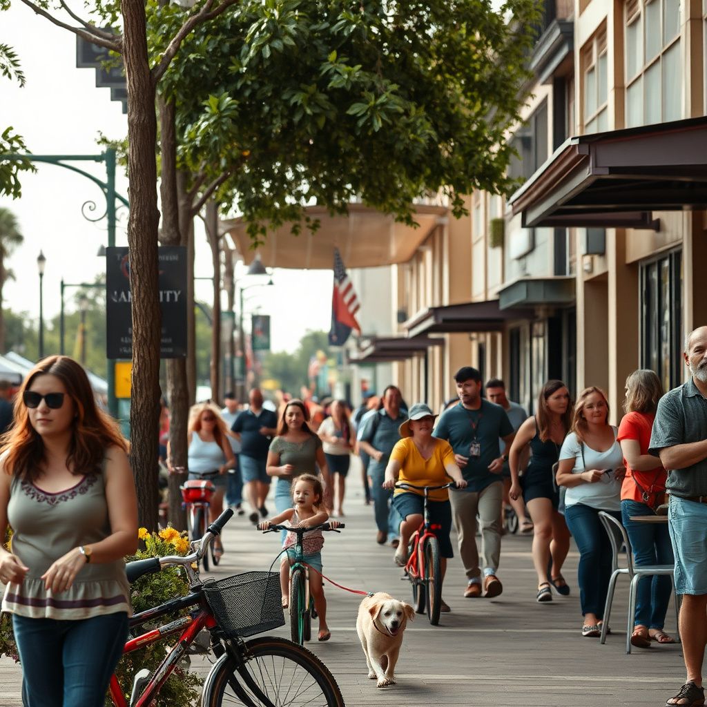 Historic downtown Seguin, Texas, with well-preserved 19th-century limestone buildings under a canopy of mature pecan trees, reflecting the city's rich heritage.