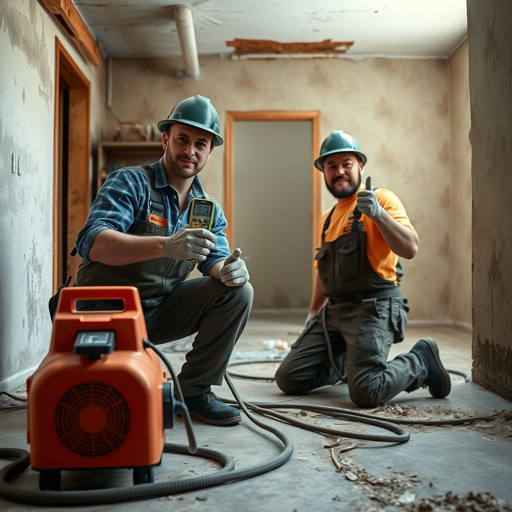 A certified mold remediation technician in Seguin, Texas, explaining the remediation process to a homeowner, pointing to a diagram of moisture control.