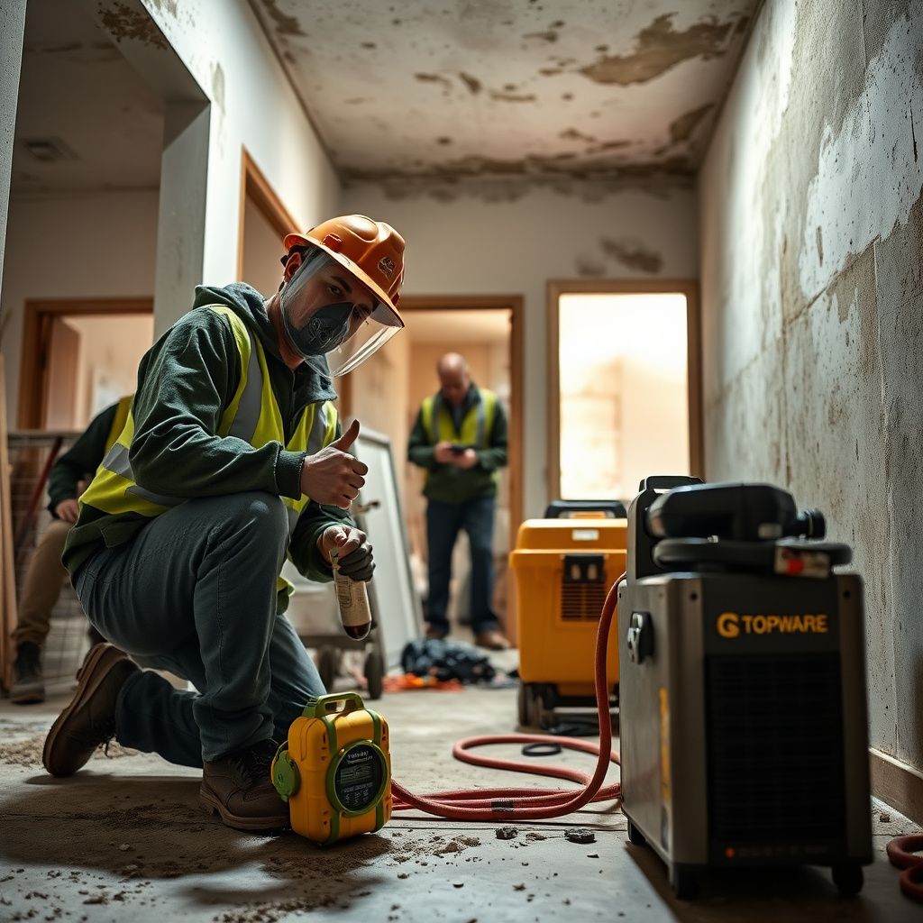 A mold remediation specialist explaining the process to a Selma homeowner, pointing to a moisture meter reading on a wall.