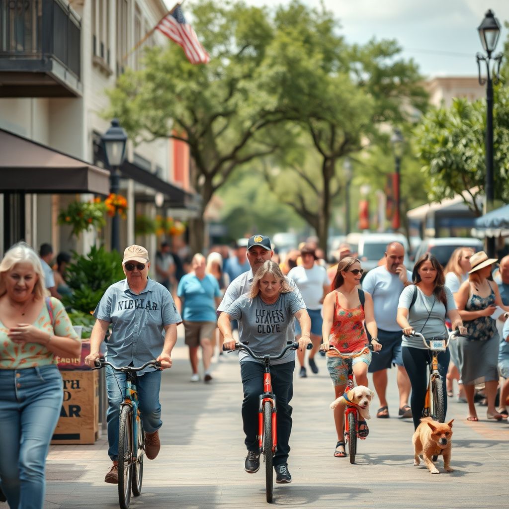 A view of Old Town Helotes, Texas, with historic limestone buildings and a vibrant street scene under a warm Texas sky.