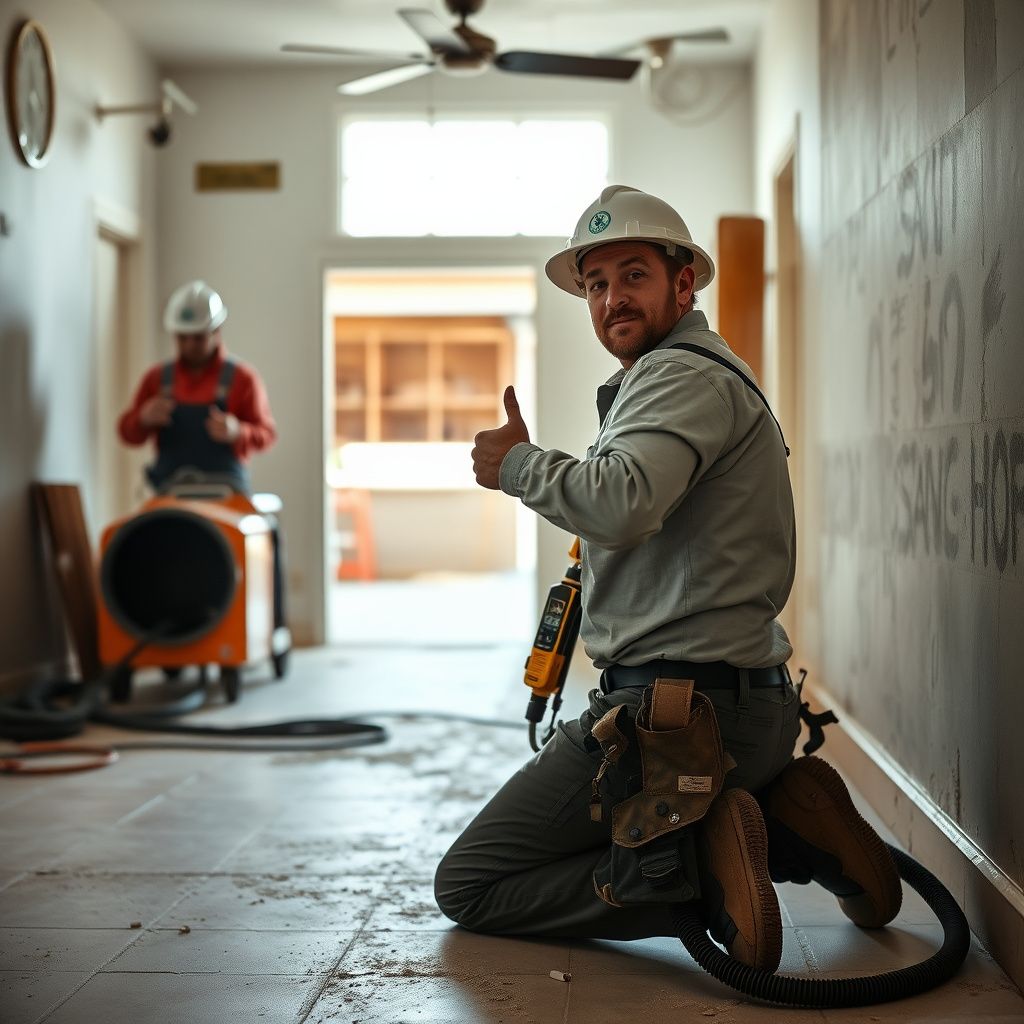 A certified mold remediation technician from Total Peak Mold Removal wearing protective gear, inspecting a ceiling in a Pleasanton home.